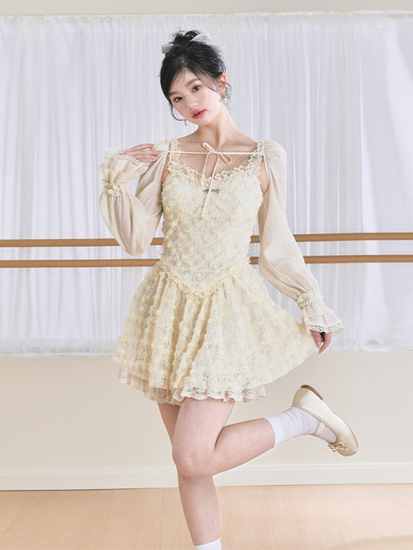 Flower Suspenders Fluffy Dress & Sunscreen Long-sleeved