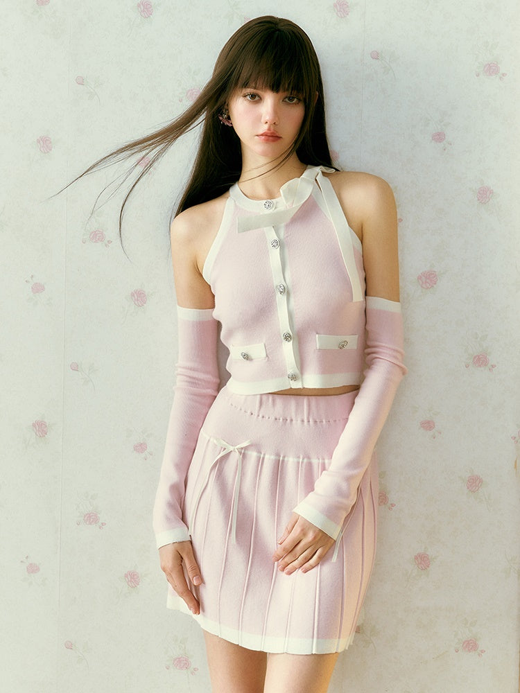 Contrast Color Sleeveress Knitted Top & PLEATED SKIRT & SLEEVE
