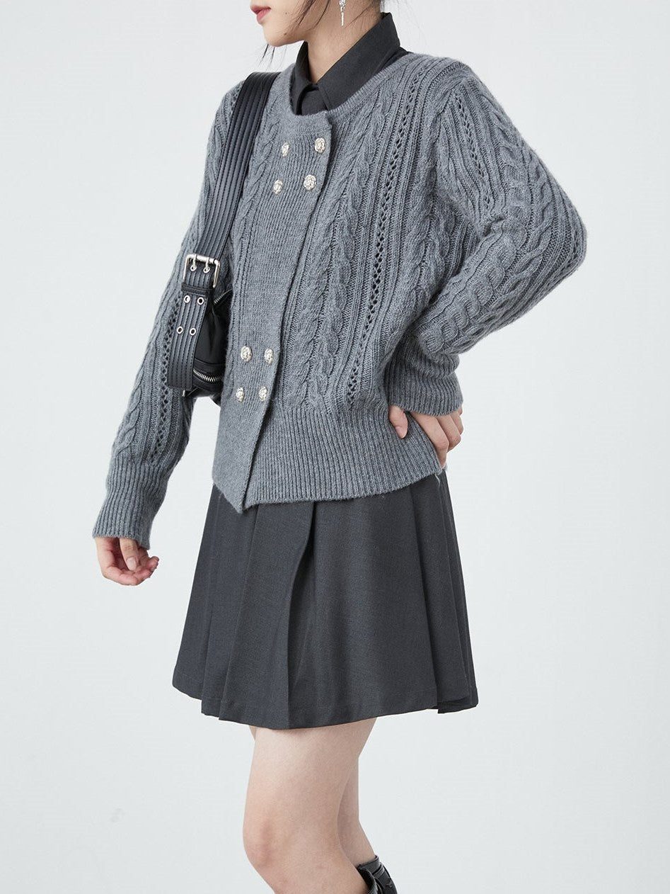 Double-breasted Round Neck Cable Cardigan