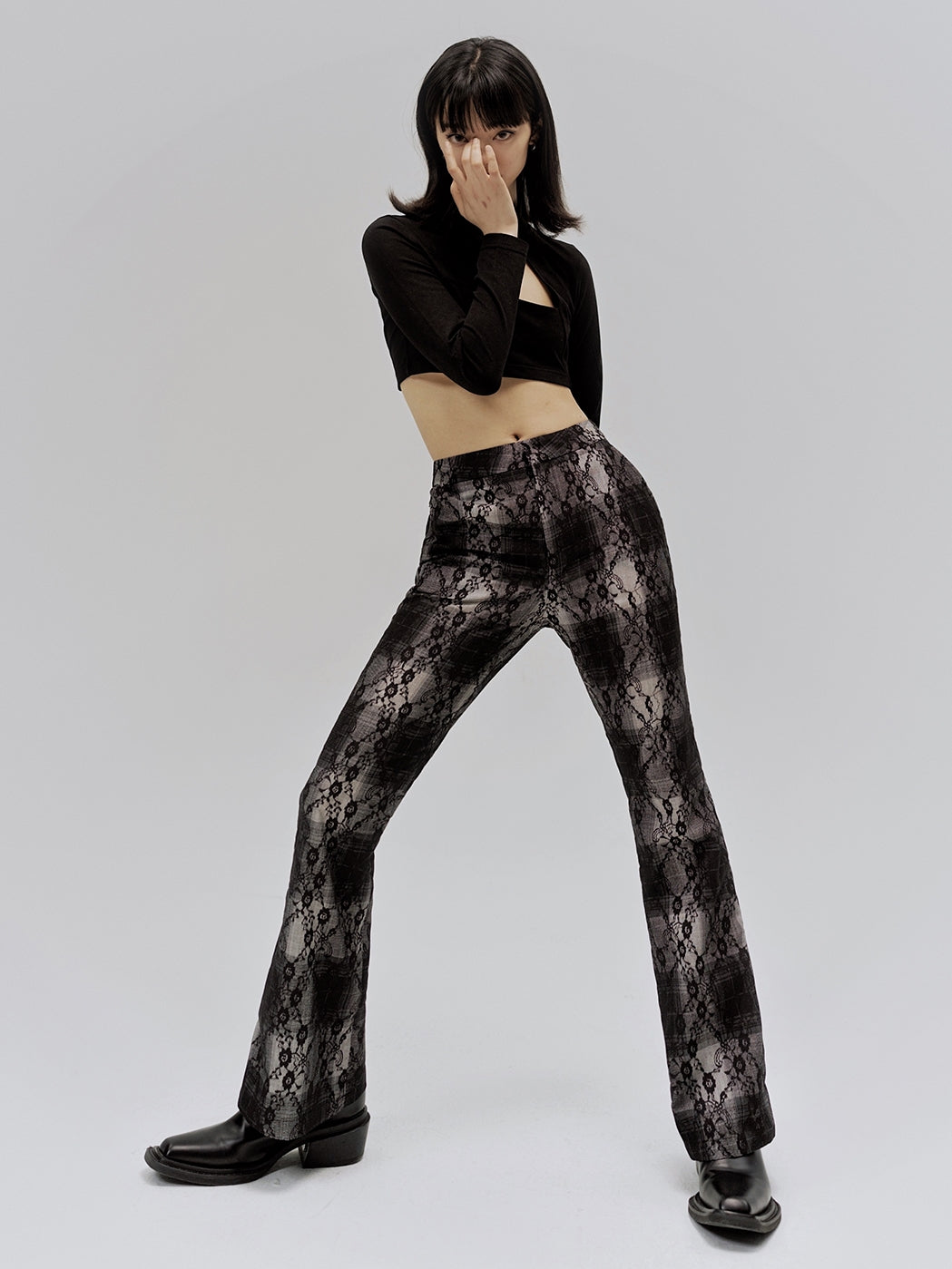 Micro-SLACK PLAID FLARED PANTS