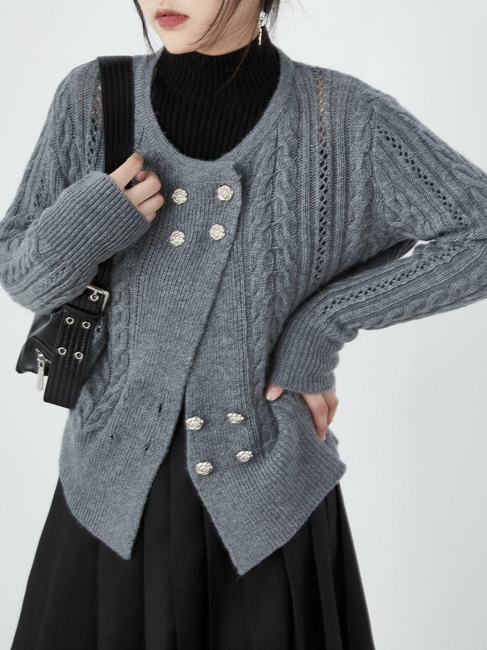 Double-breasted Round Neck Cable Cardigan