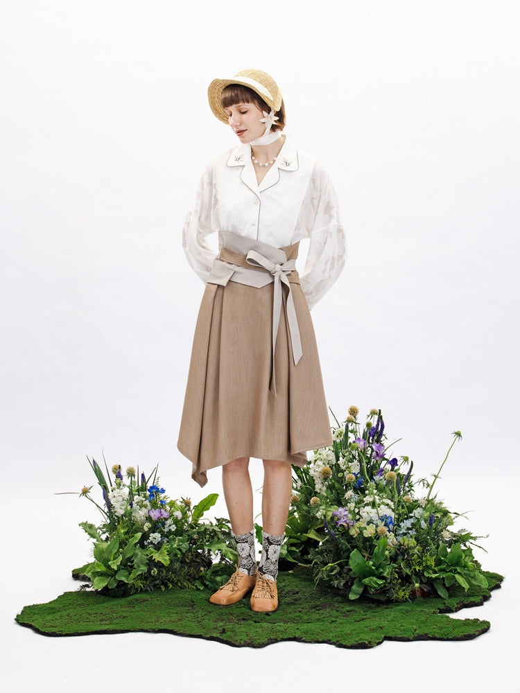 Irregular Hem Flare Ribbon Feminine Skirt