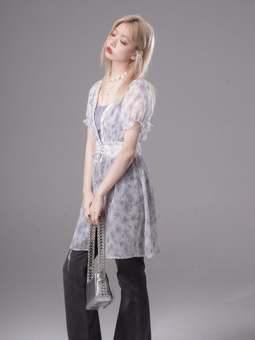 Romantic Transparent Floral Shirt & Camisole Set-up