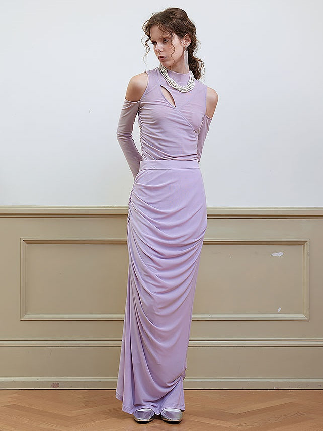 Draped Shirred Irregular Straight Long Skirt