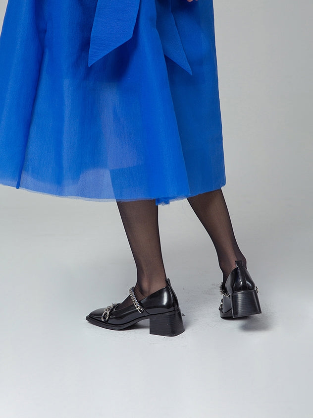 Chain Square-toe Flare-heel Pumps