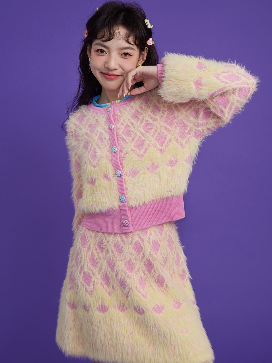 Diamond Check Plush Cardigan & Knitted Skirt