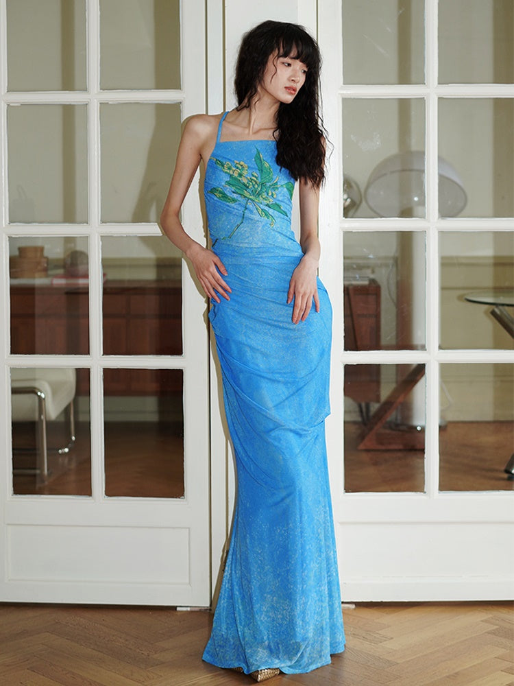 중국 인쇄 메시 긴 뒤쪽 드레스