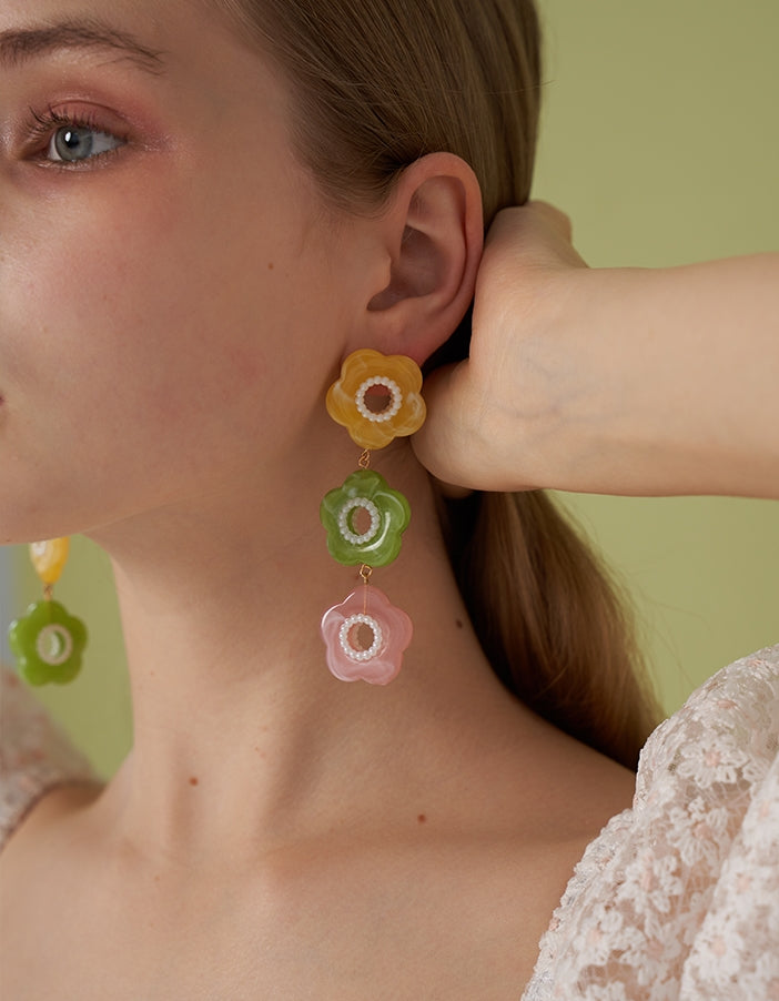 3 색 피는 꽃 긴 귀걸이