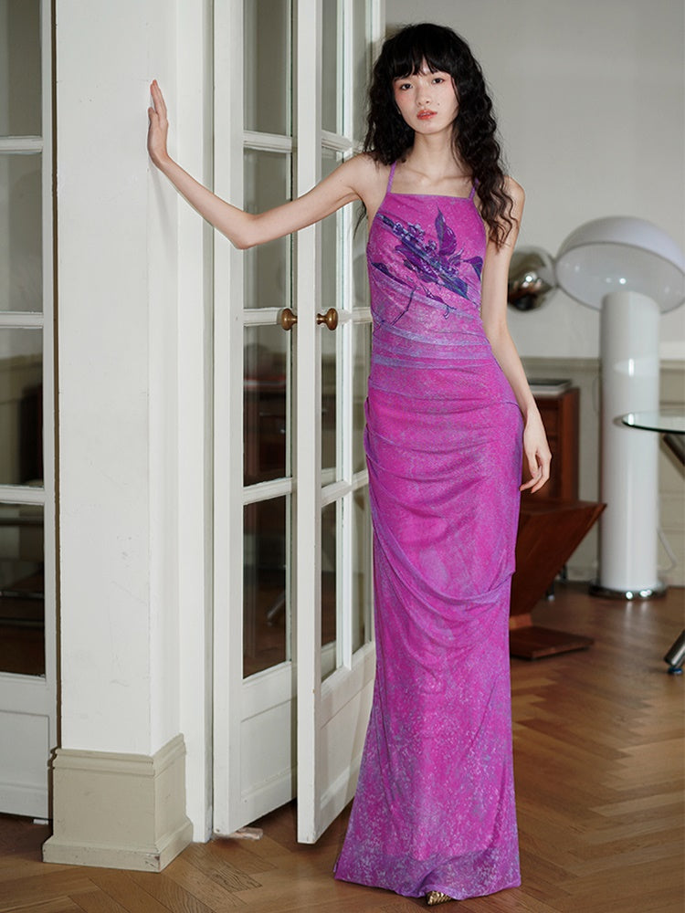 중국 인쇄 메시 긴 뒤쪽 드레스