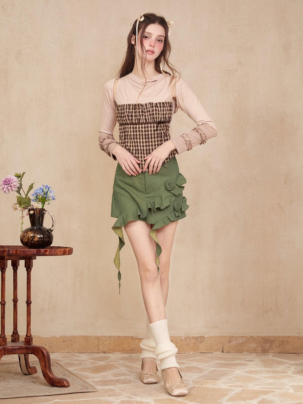 Plaid Splicing Sleevels Top & Short Cardigan