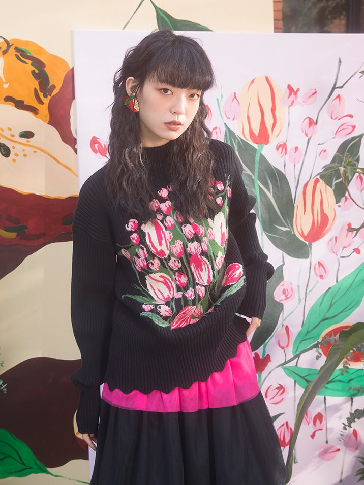 Tulip Pattern Half Turtreneck Loose Sweater