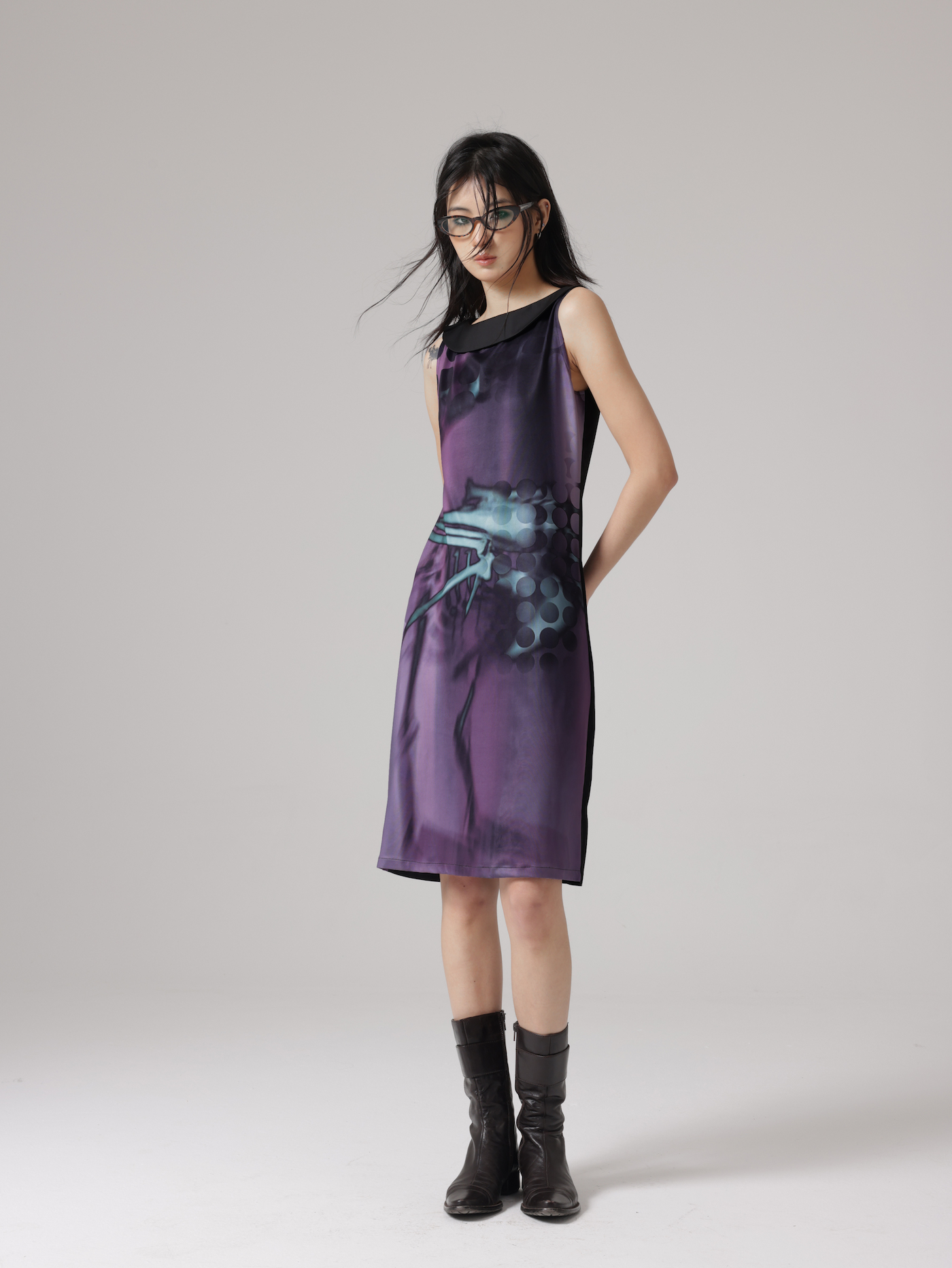 엑스레이 새 뼈 프린트 소매류 드레스