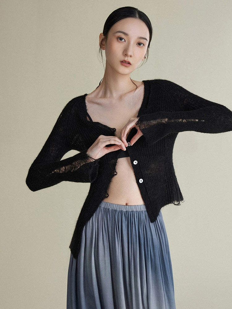 Asymmetrischer Mohair zerrissene Strickjacke