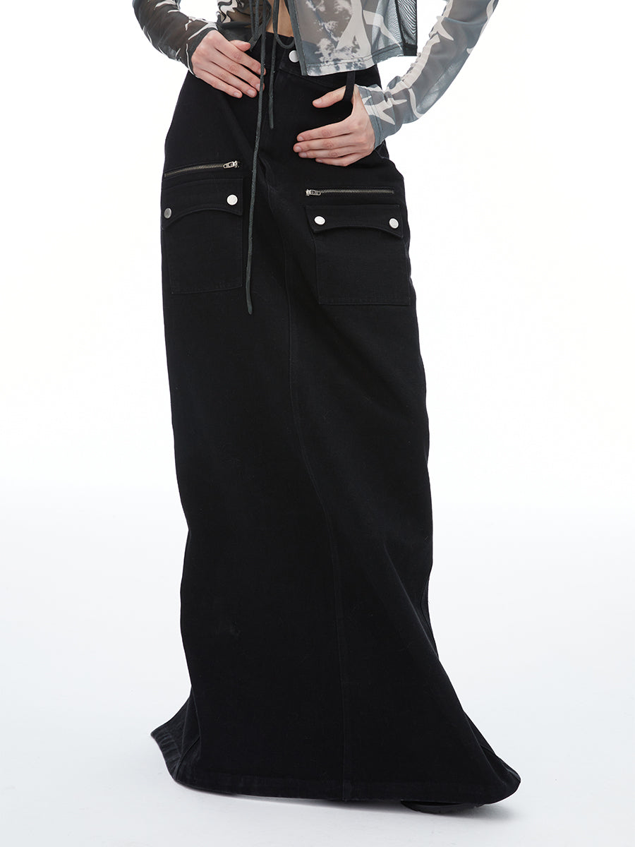 포켓 데님 맥시 저층 치마