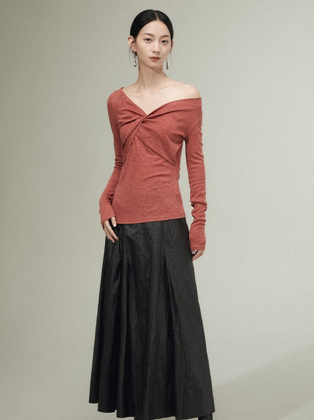 니트 바닥 v 넥 트위스트 셔츠