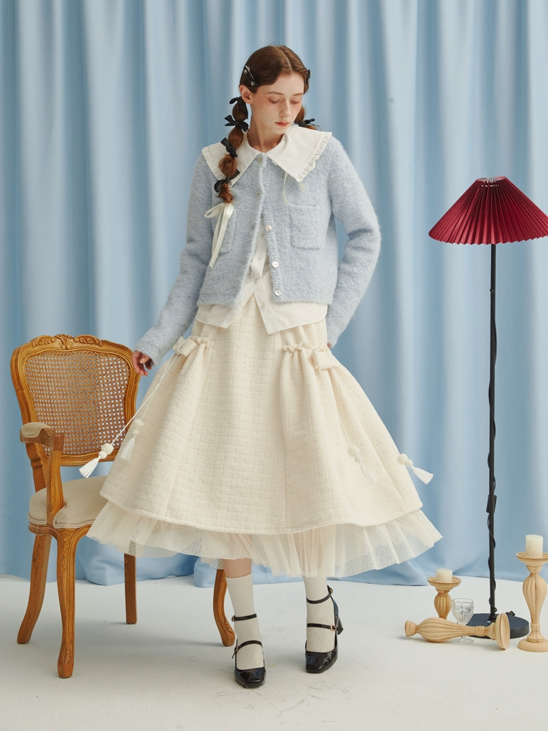 달콤한 귀여운 Peplum 레이스 레이어 푹신한 탑 및 스커트 설정