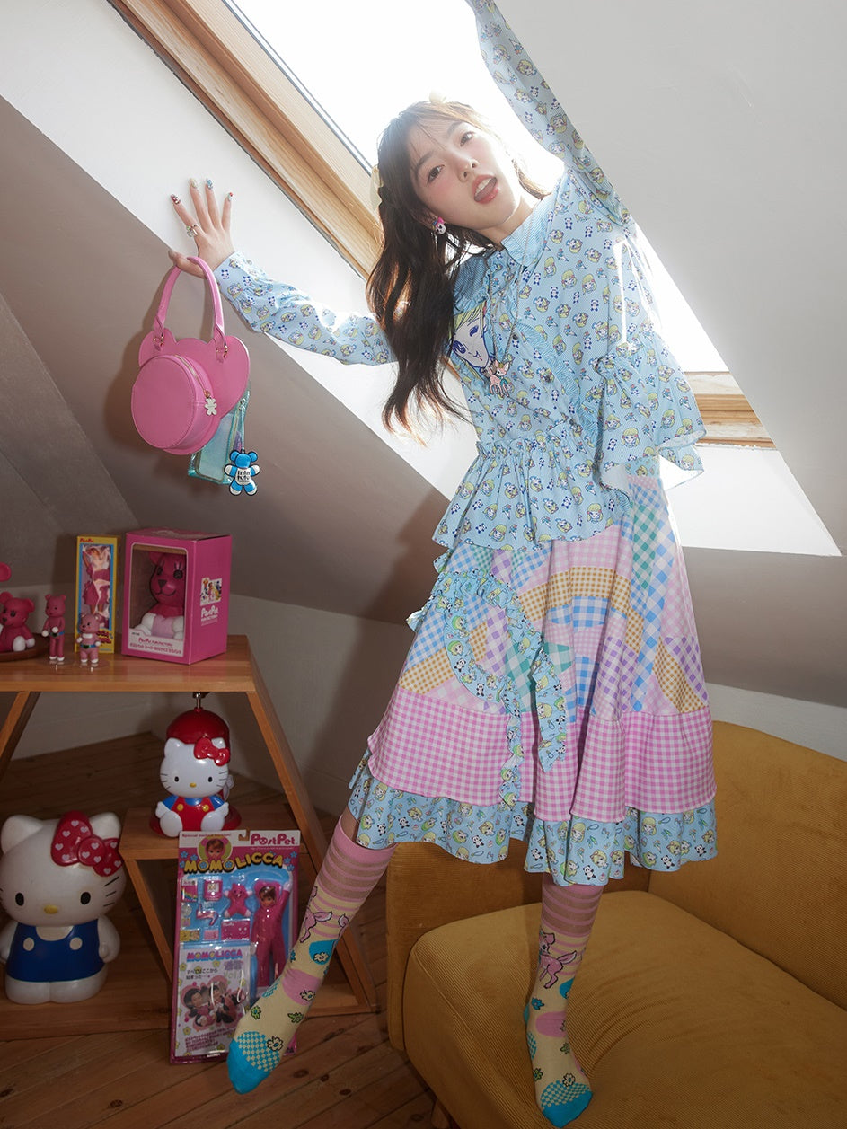 Plaid Stitching Ruffle Puff Skirt