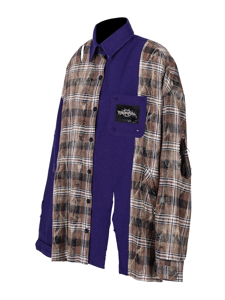 스티칭 격자 무늬 슈퍼 컷 느슨한 셔츠