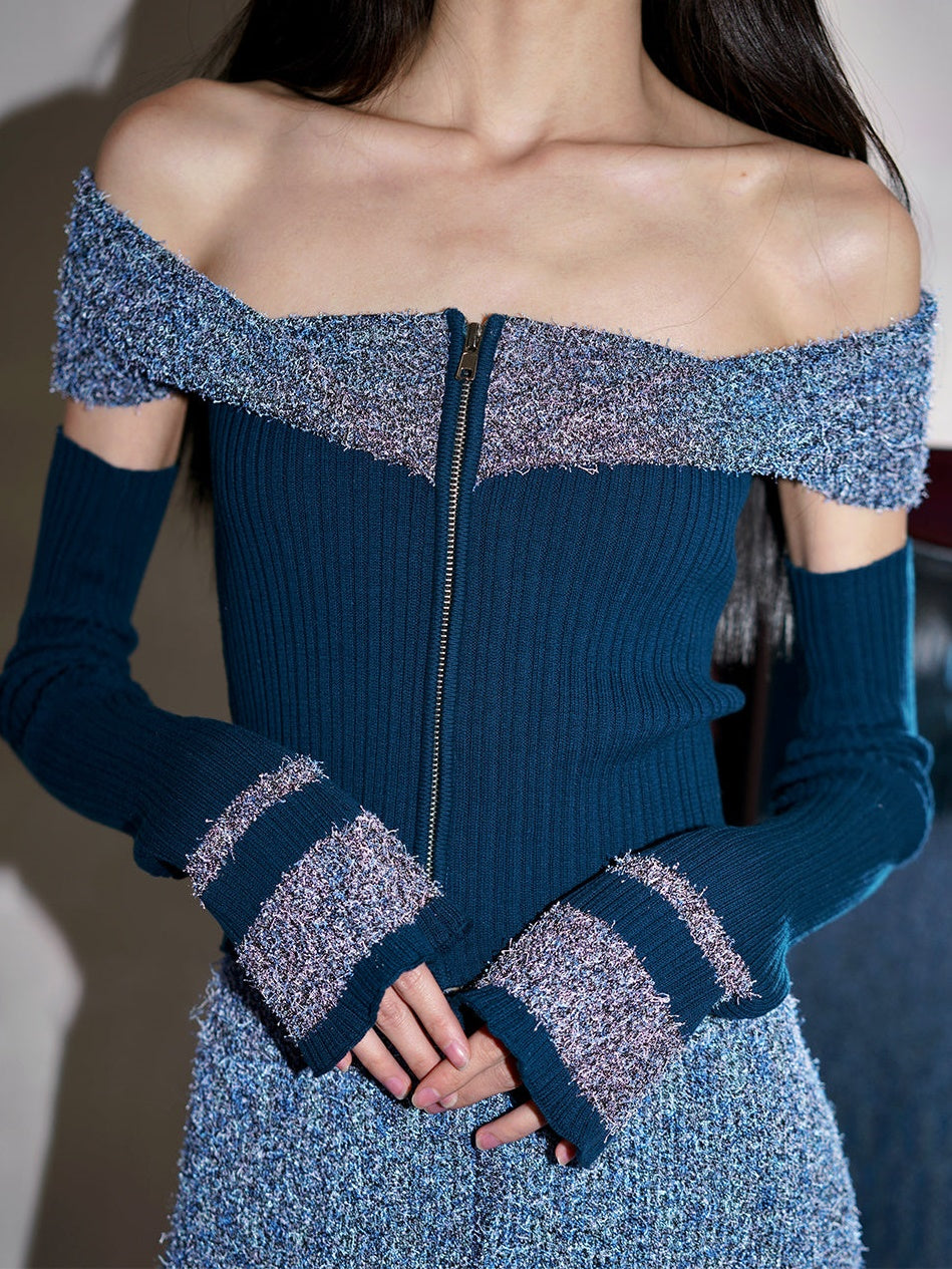 Off-Shouder Slim Strick Weste & Sleeve