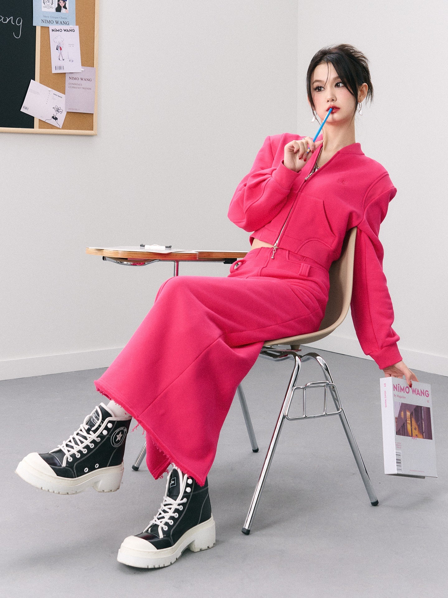 Short Casual Jacket & Slit Long Skirt