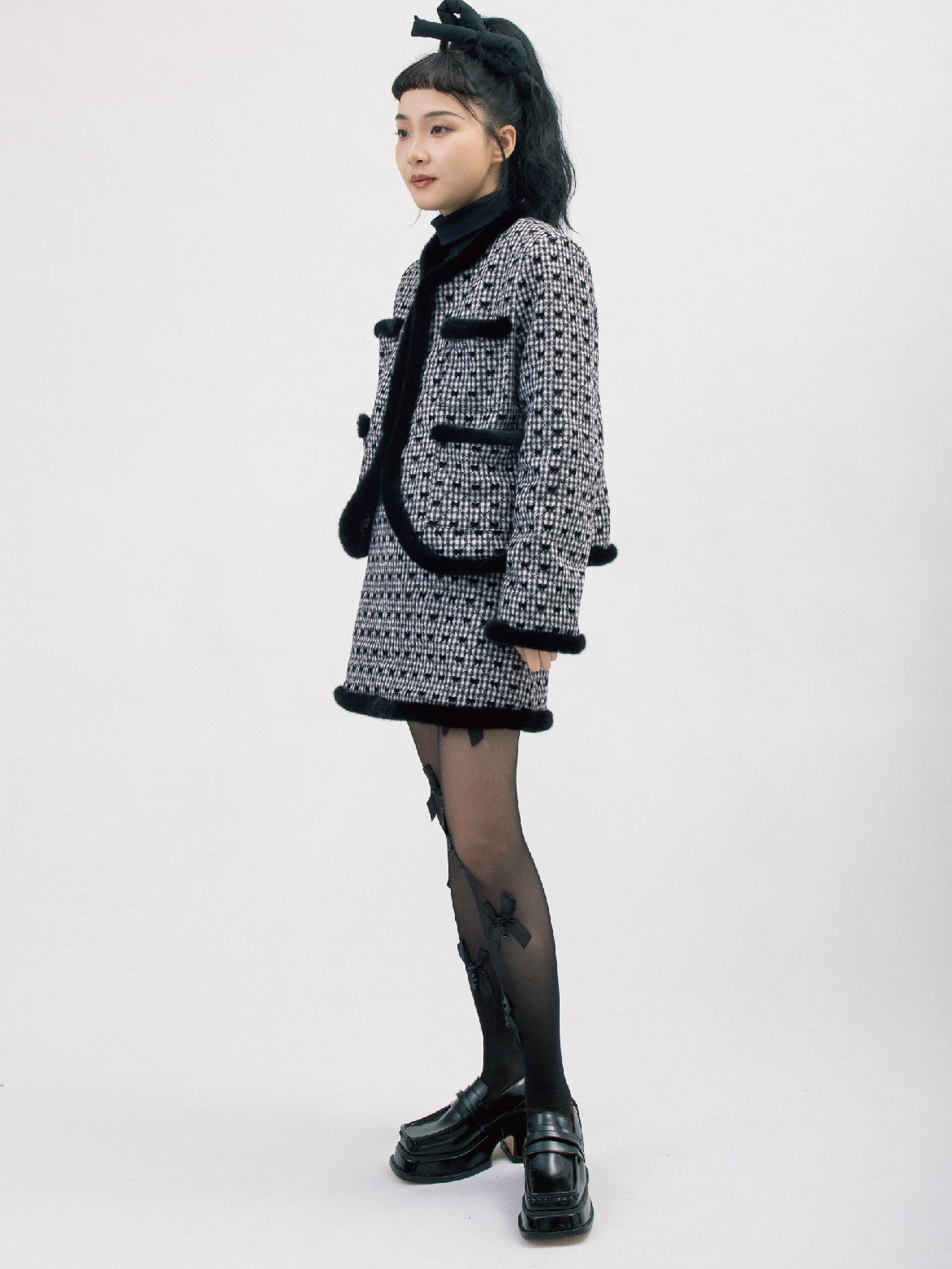 Wool Fur Ribbon Girly Suit Jacket & Skirt