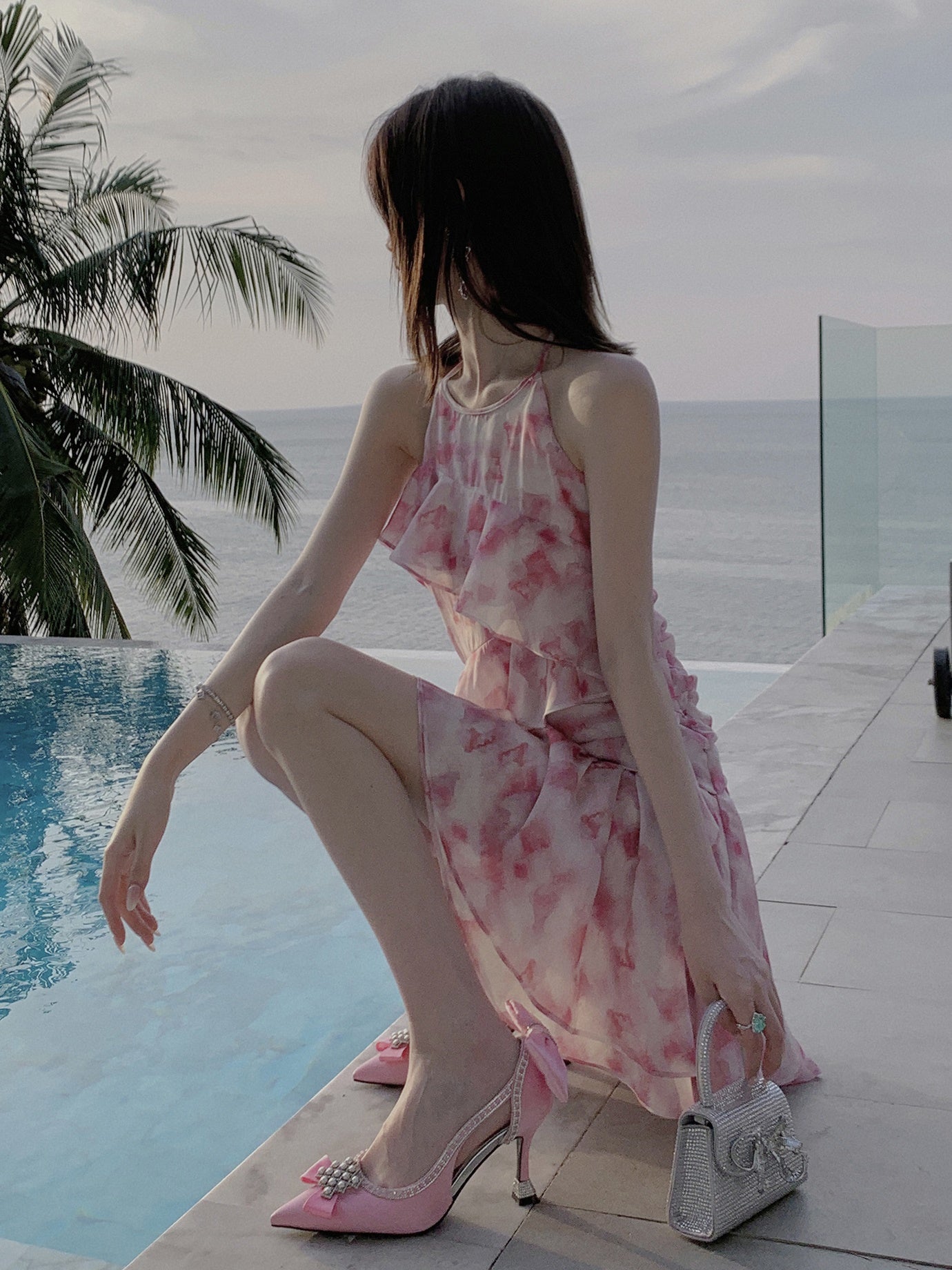 IRREGULAR HEM RUFFLES HALTER NECK PRINTED GAUZE ONE-PIECE