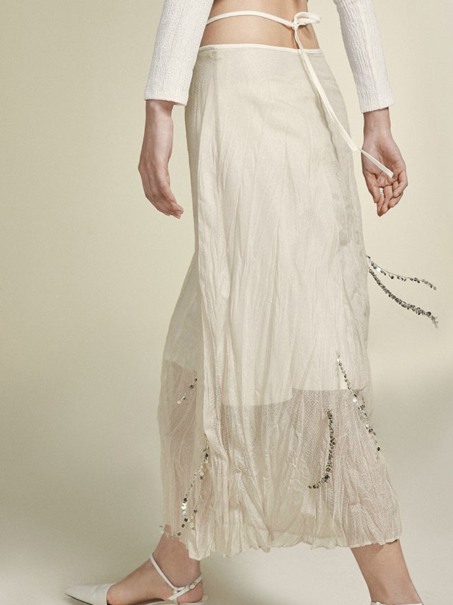 Silver Chain Decoration Sheer Wrinkled Skirt