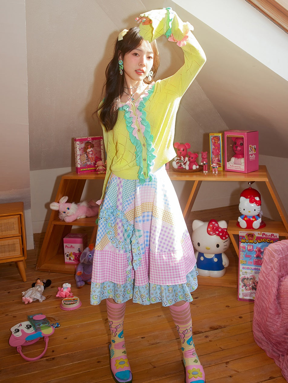 Plaid Stitching Ruffle Puff Skirt