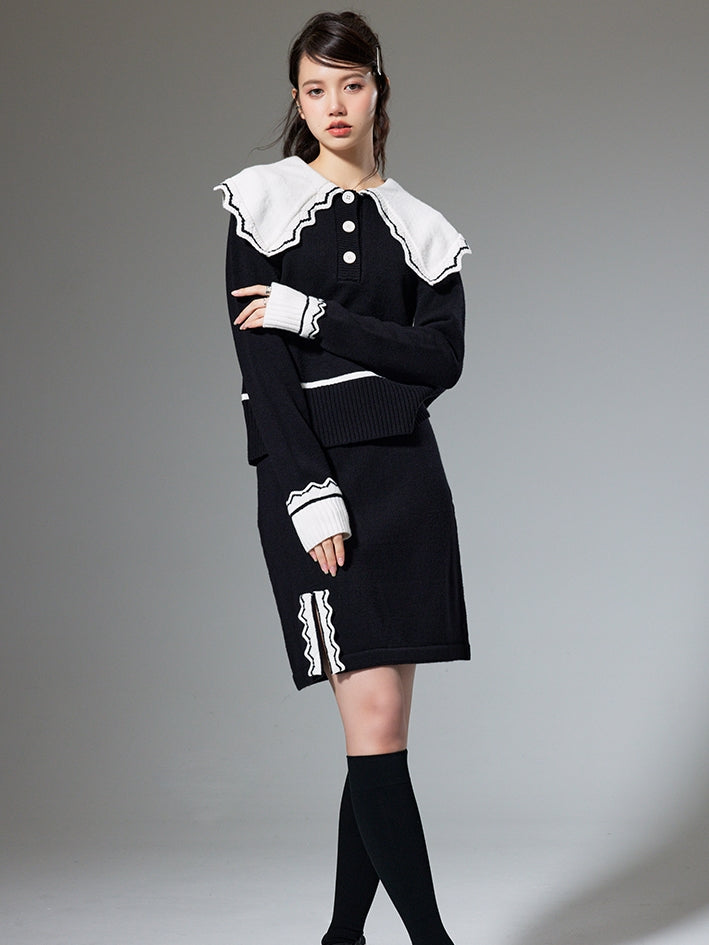 Klassisches Spitzen -Lapel -Strick -Top & Rock