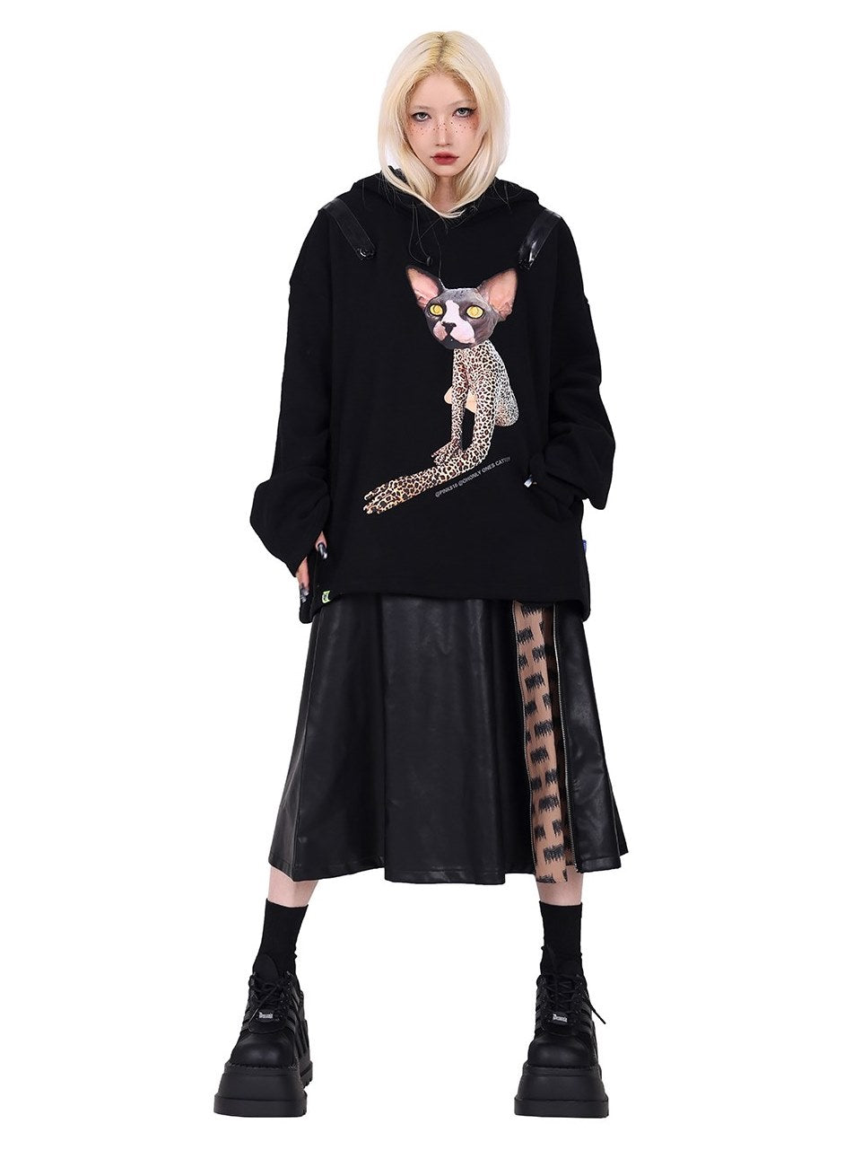 Zipper Contrast Color Leather Skirt