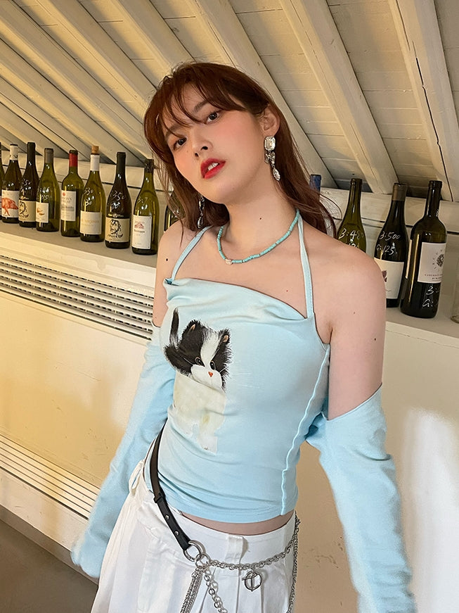 Kitten Printer Halter Camisole & Sleeve