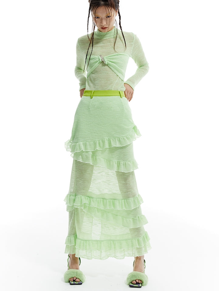 다층 장거리 니트 레이스 스커트