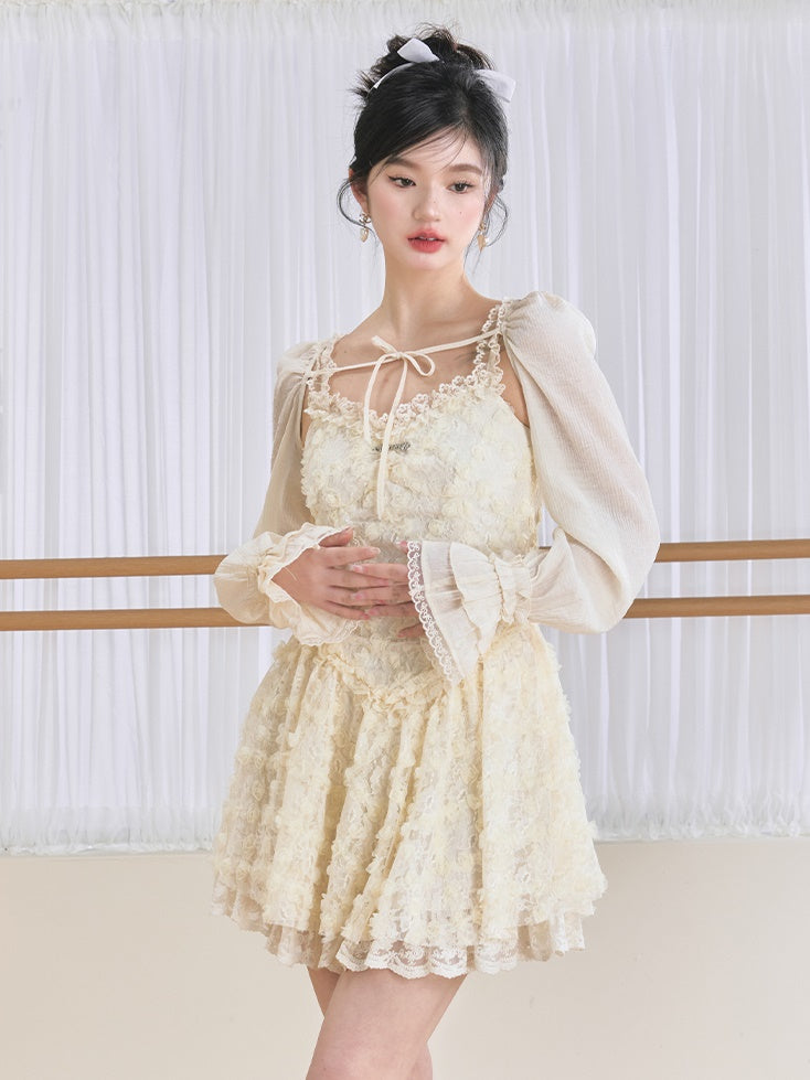 Flower Suspenders Fluffy Dress & Sunscreen Long-sleeved