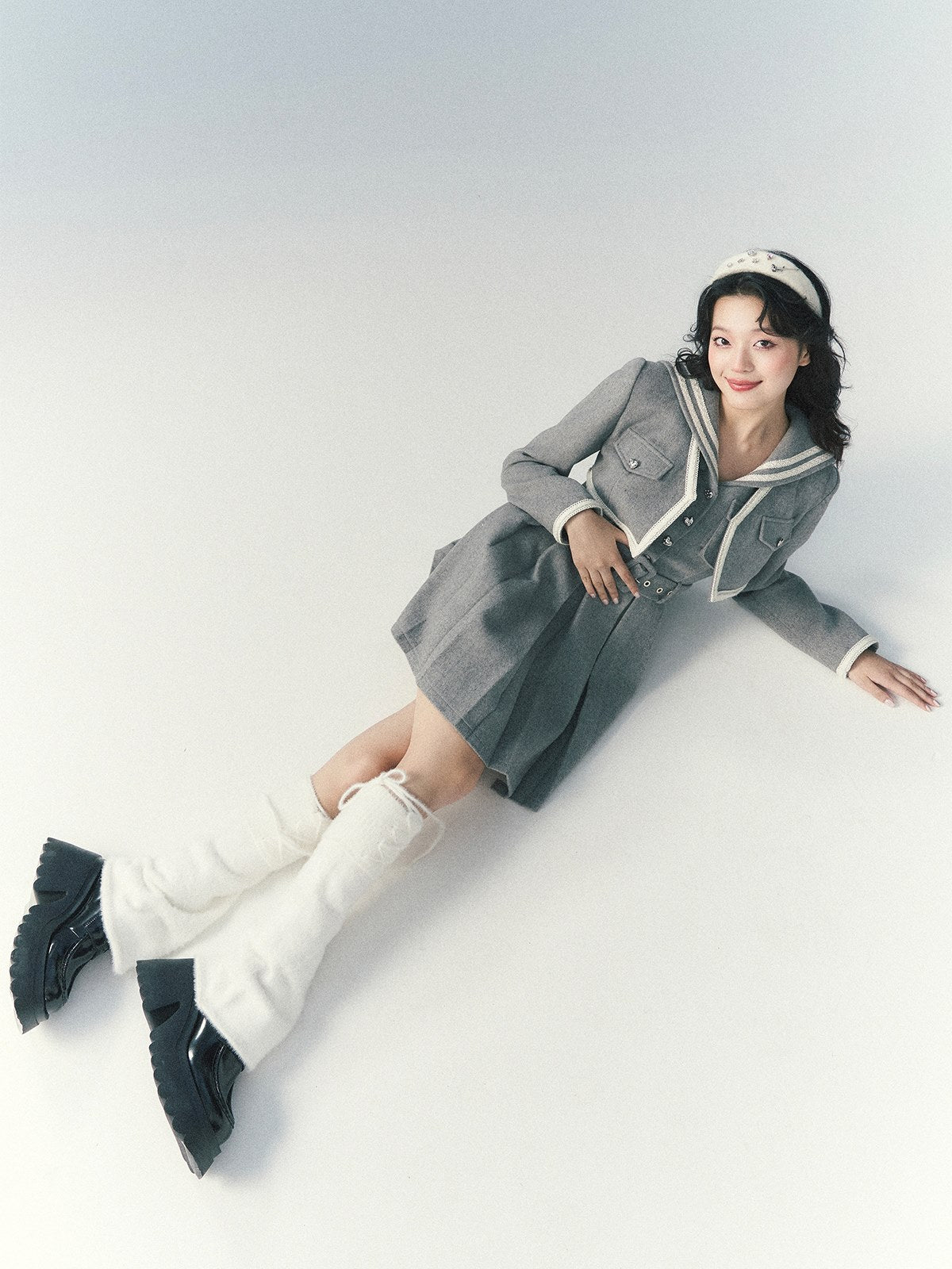 Navy Collar Pleated Dress & Short Jacket