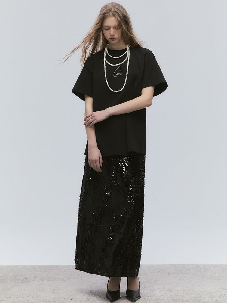 영어 자수 둥근 목 티셔츠