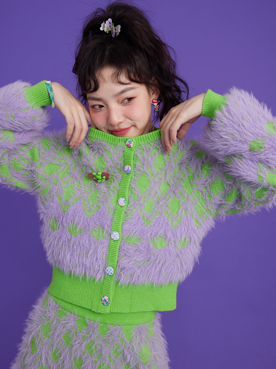 Diamond Check Plush Cardigan & Knitted Skirt