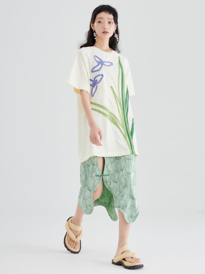 튤립 자카드 버튼 불규칙한 치마