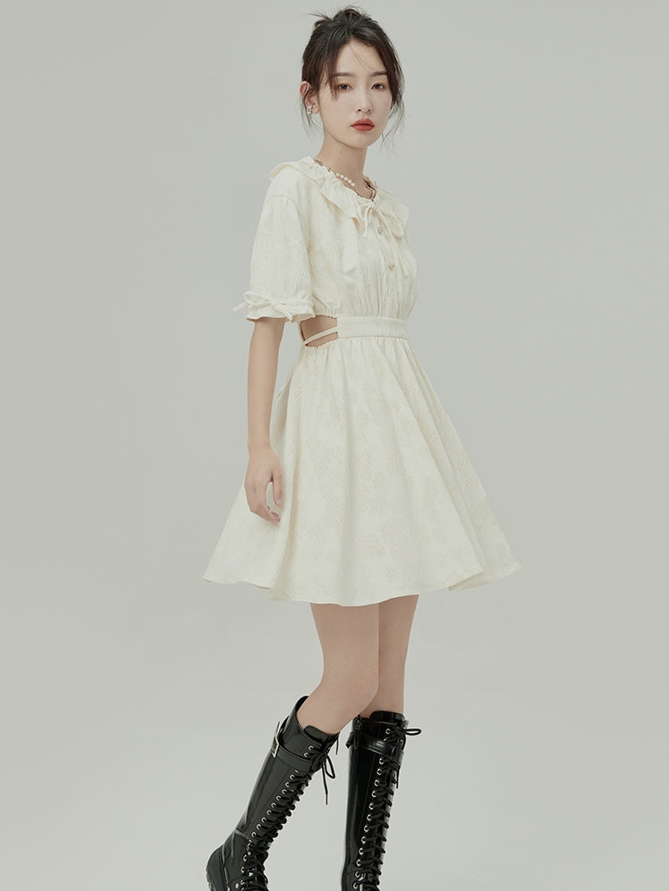 자카드 오픈 허리 드레스