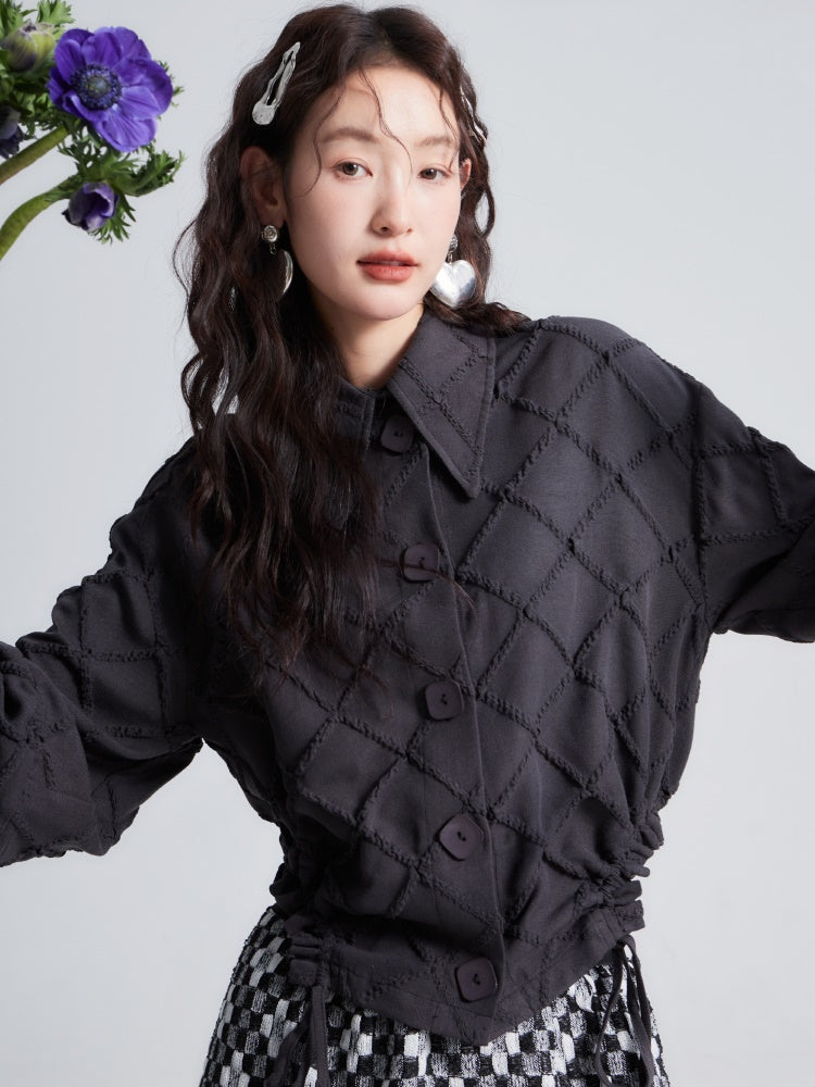 Rhombus Textured Waist Drawstring Short Shirt