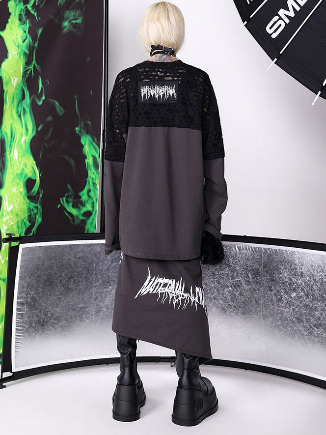 Stacked Stitching Hole Graffiti Long-sleeved T-shirt