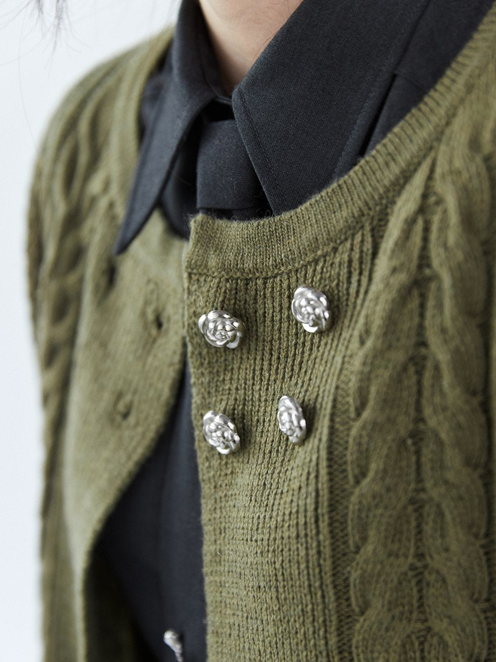 Double-breasted Round Neck Cable Cardigan