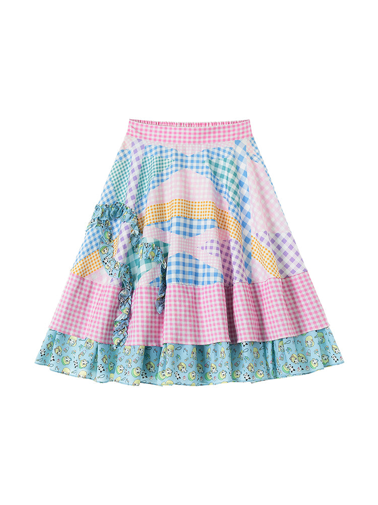 Plaid Stitching Ruffle Puff Skirt