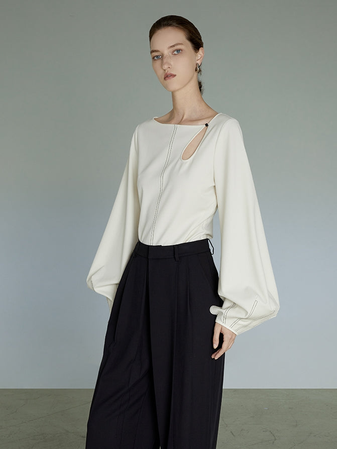 Balloon-Sleeves Boat-Neck Drop-Cut Stitch Blouse