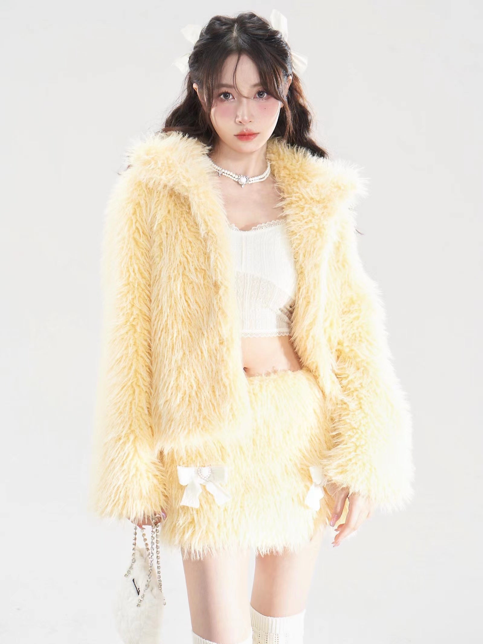 친환경 모피 짧은 코트 및 스커트