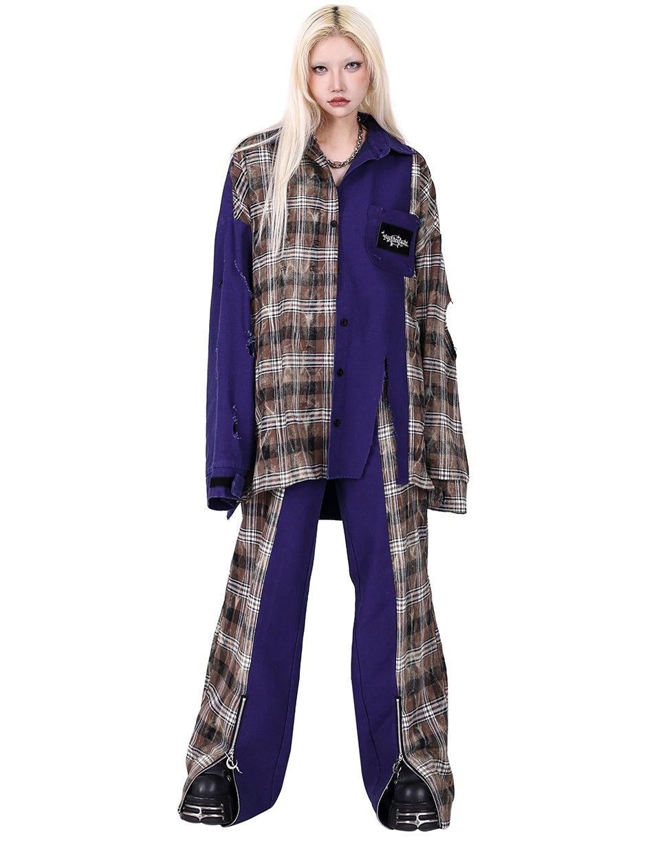 스티칭 격자 무늬 슈퍼 컷 느슨한 셔츠