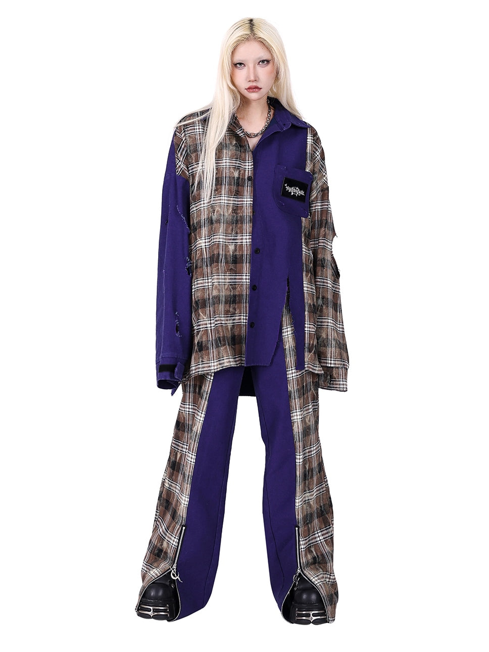 Zipper Stitching Plaid Wide-Leg Pants