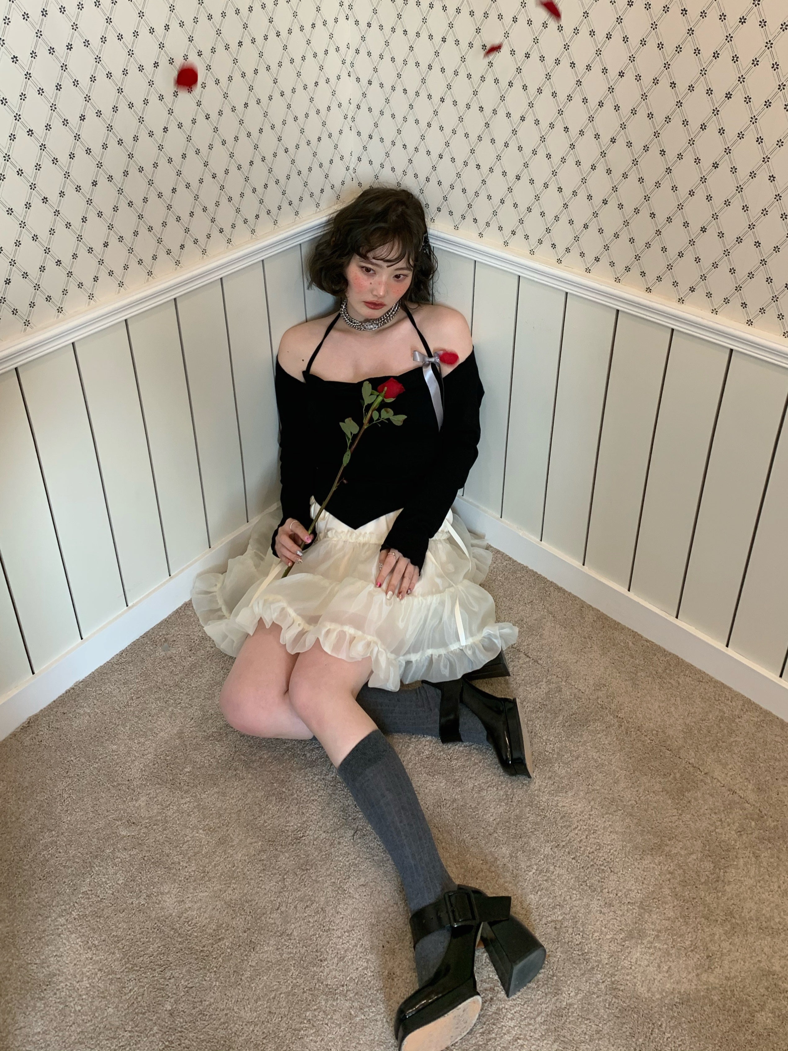 Ribbon Halter Neck Camisole & Sleeve Set-UP