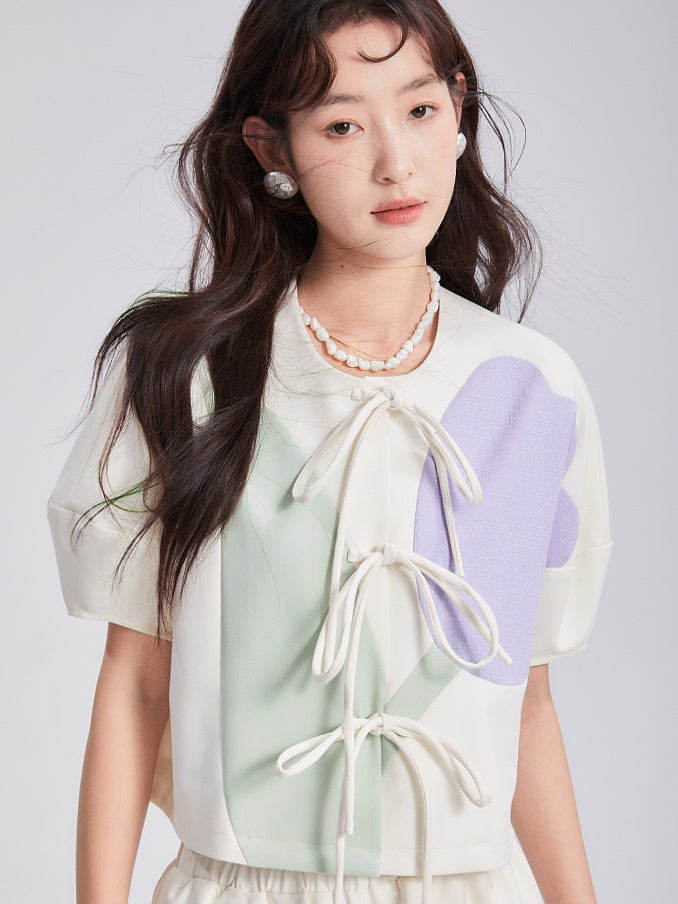 Tulip Bow Short-Sleeed Top & Skirt