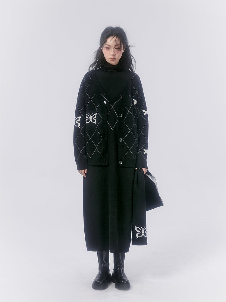 Rhombus karierter Schmetterling Strickjacke & Mufffler