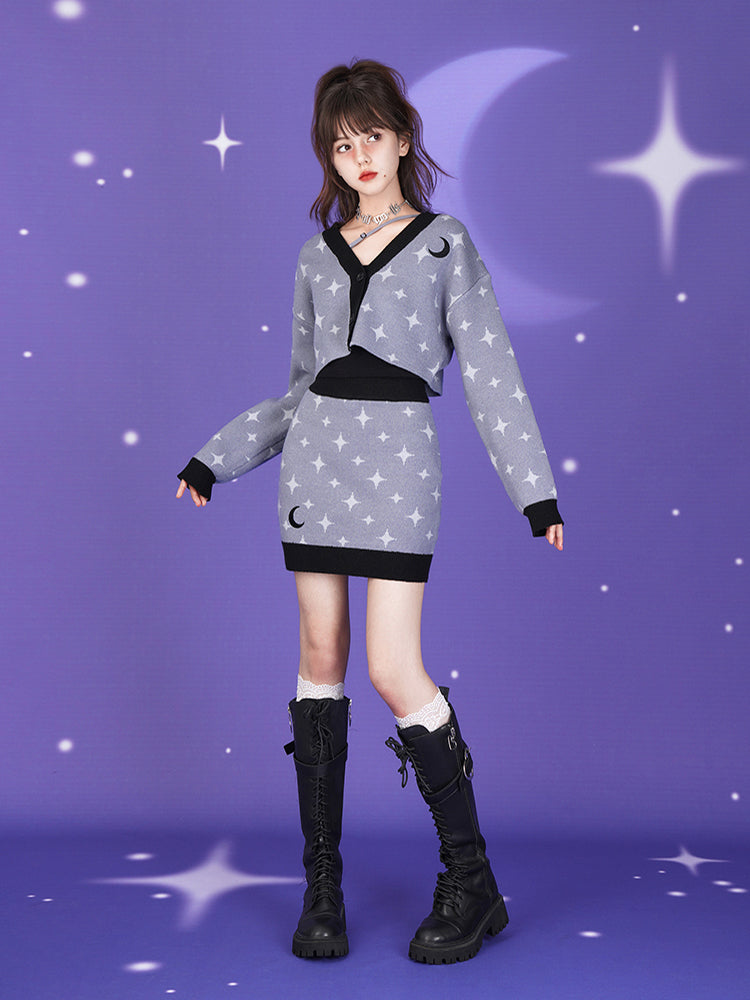 Starry Sky Design Knitted Cardigan & Short Skirt